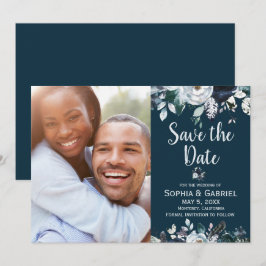 ボヘミアンナビーブルー ホワイト フラワーの結婚式 Save the Date セーブザデート