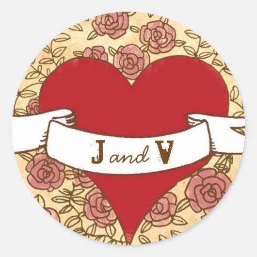 ボヘミアンハート、バラ、鳥、およびバナ結婚ーズ ラウンドシール (正面)