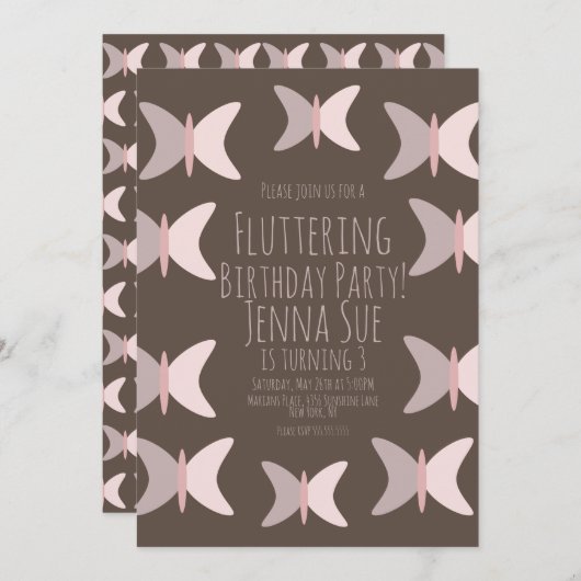 ボヘミアンバタフライパステルピンク誕生日招待状 招待状 (正面/裏面)