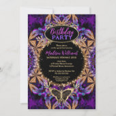 ボヘミアンバティックパープルピンクスパークル誕生日 招待状 (正面)