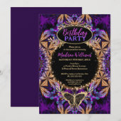 ボヘミアンバティックパープルピンクスパークル誕生日 招待状 (正面/裏面)