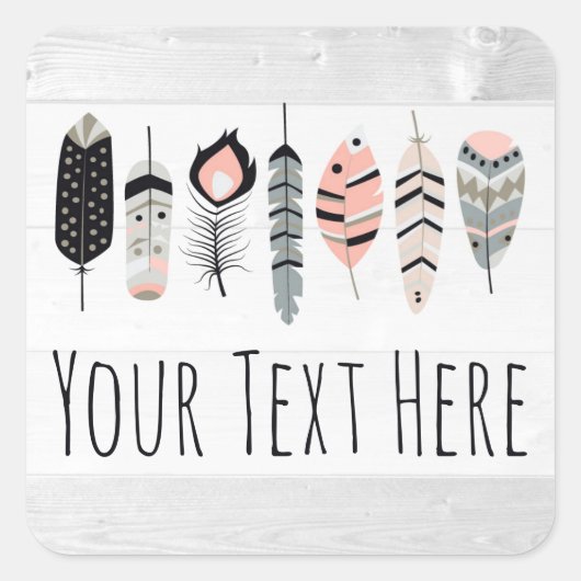 ボヘミアンバードフェザー赤面ピンクトライバルシック スクエアシール (正面)