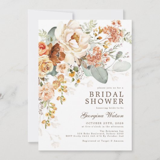 ボヘミアンバーンオレンジイエローフラワーブライダルシャワー 招待状 (正面)