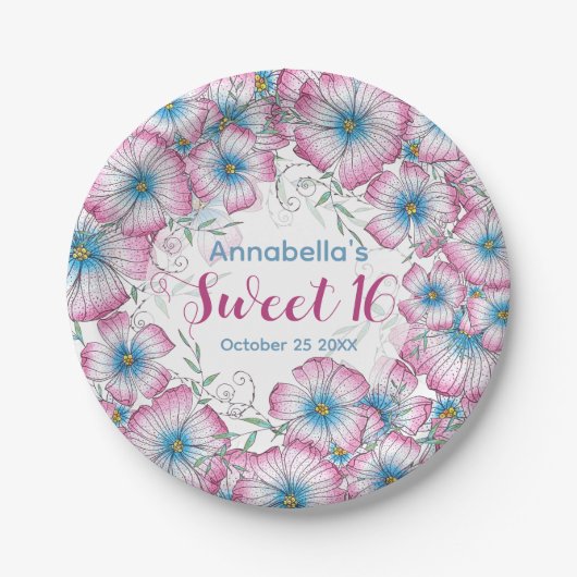 ボヘミアンパステルフローラピンクブルースウィート16 ペーパープレート (正面)