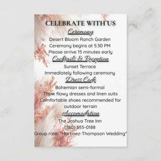 ボヘミアンパンパスグラスのウェディング　ディテールカード エンクロージャーカード (正面)