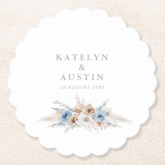 ボヘミアンパンパスグラスダスティブルー結婚ズ ペーパーコースター (正面)