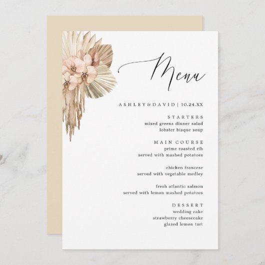 ボヘミアンパンパスグラス秋の結婚式ディナーメニュー メニュー (正面/裏面)