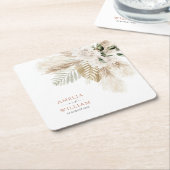 ボヘミアンパンパスグラス結婚グリーンリー スクエアペーパーコースター (アングル)