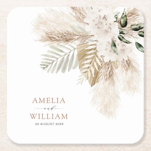 ボヘミアンパンパスグラス結婚グリーンリー スクエアペーパーコースター (正面)