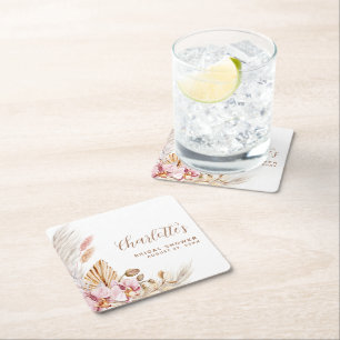 ボヘミアンパンパスグラス赤面ピンク  ブライダルシャワー スクエアペーパーコースター