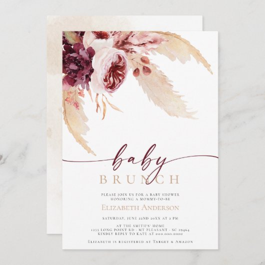 ボヘミアンパンパストロピカルグラスベビーシャワーブランチ 招待状 (正面/裏面)