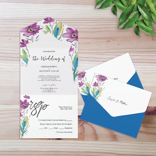 ボヘミアンパープルブルーワイルドフラワーウォータカラーアート オールインワン招待状