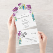 ボヘミアンパープルブルーワイルドフラワーウォータカラーアート オールインワン招待状 (貼ってはがせる)