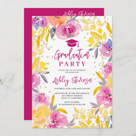 ボヘミアンパープル金ゴールドフローラ写真卒業 招待状 (正面/裏面)