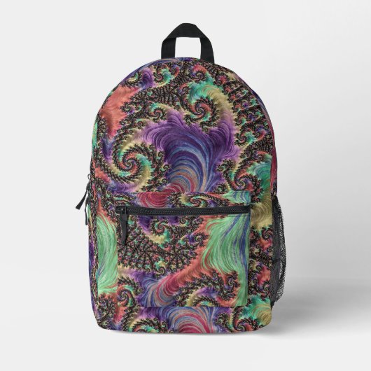 ボヘミアンヒッピーカラフルジュエルトーンフラクタルアート プリントバックパック (正面)