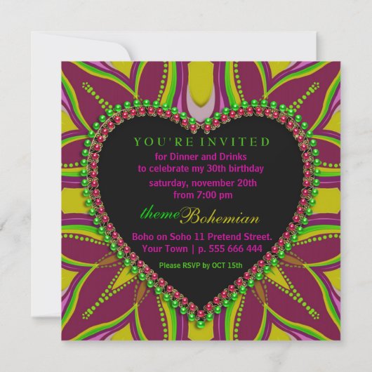 ボヘミアンヒッピーガールズナイトディナーパーティの招待状 招待状 (裏面)