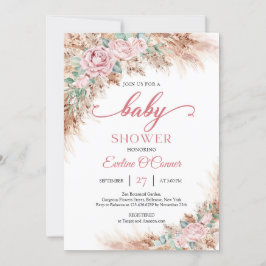 ボヘミアンピンクのバラの花束 パンパスグラス グリーン ベイビー 招待状