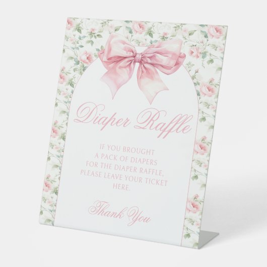 ボヘミアンピンクの弓ベビーガールシャワーおむつラッフル 台座サイン (正面)