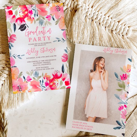 ボヘミアンピンクの水色の花の卒業 招待状