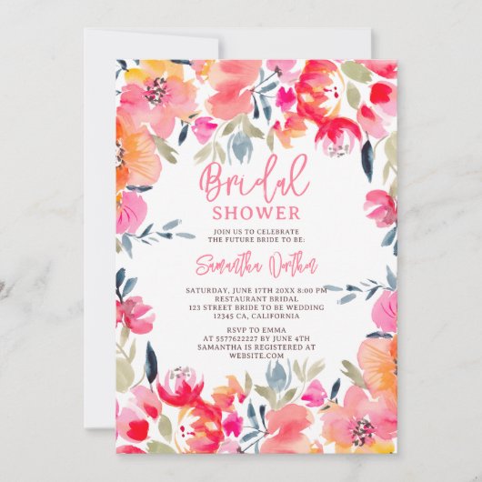 ボヘミアンピンクの水色の花ブライダルシャワー 招待状 (正面)