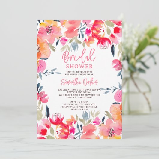 ボヘミアンピンクの水色の花ブライダルシャワー 招待状 (スタンド正面)