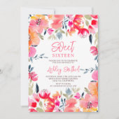 ボヘミアンピンクの水色の花甘い16誕生日 招待状 (正面)