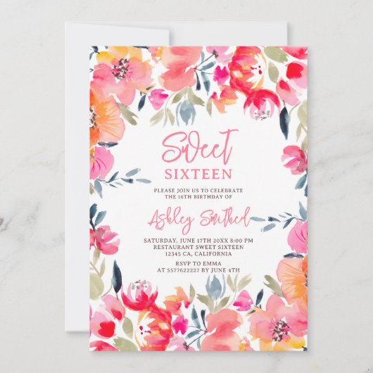 ボヘミアンピンクの水色の花甘い16誕生日 招待状 (正面)
