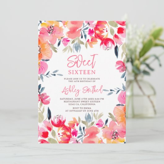 ボヘミアンピンクの水色の花甘い16誕生日 招待状 (スタンド正面)
