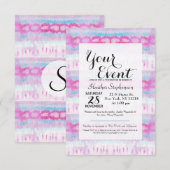 ボヘミアンピンクアンドブルー抽象芸術絞り染めパターン 招待状 (正面/裏面)