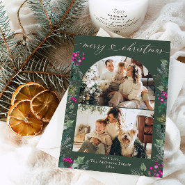 ボヘミアンピンクグリーン2フォトアーチメリークリスマス シーズンカード