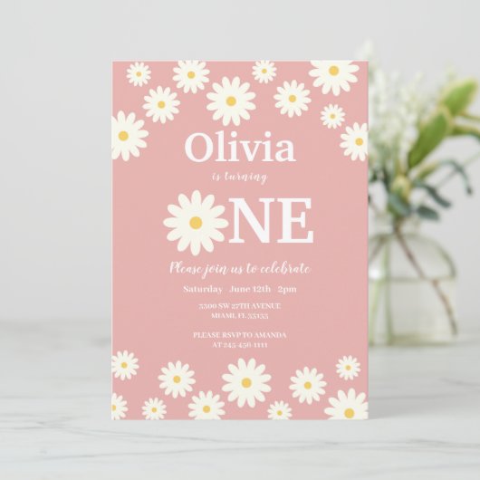 ボヘミアンピンクデイジーフローラ1st誕生日パーティー 招待状 (スタンド正面)
