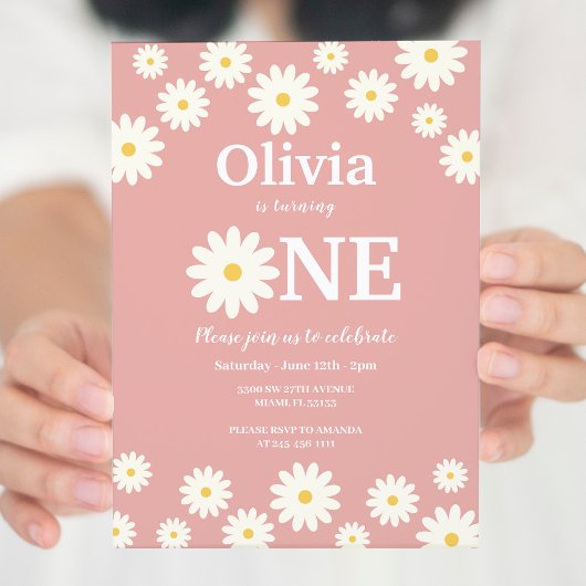ボヘミアンピンクデイジーフローラ1st誕生日パーティー 招待状