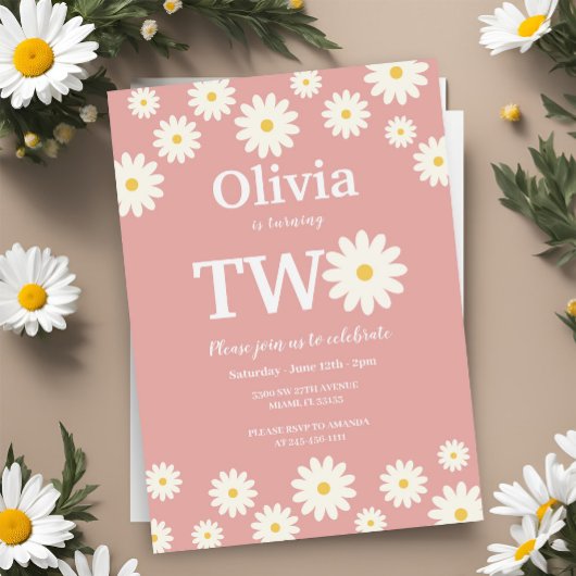 ボヘミアンピンクデイジーフローラ2nd誕生日パーティー 招待状