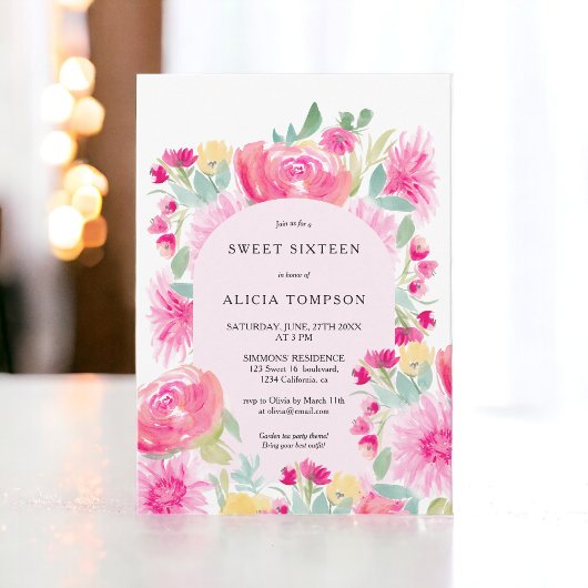 ボヘミアンピンクフローラアーチシックスウィート16 招待状