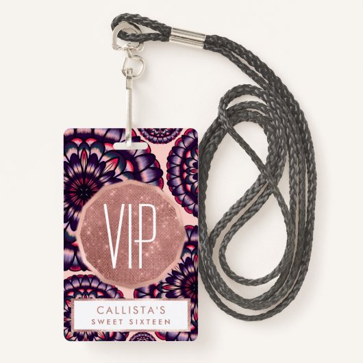 ボヘミアンピンク紫ア絵を描クリル花 バッジ (正面ランヤード)