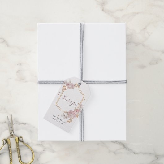 ボヘミアンピンク結婚フローラズサンキューメッセージカード ギフトタグ (より糸付き)