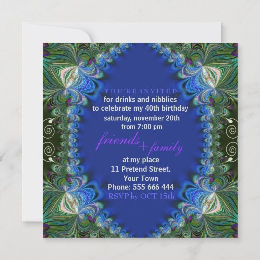 ボヘミアンピーコックデレースのようコール誕生日ディナーパーティー 招待状 (裏面)