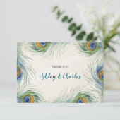 ボヘミアンピーコックフェザーエレガントティール(緑がかった色)結婚ズ サンキューカード (スタンド正面)