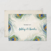 ボヘミアンピーコックフェザーエレガントティール(緑がかった色)結婚ズ サンキューカード (正面/裏面)
