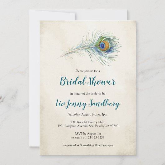 ボヘミアンピーコックフェザーティール(緑がかった色)ブライダルシャワー 招待状 (正面)