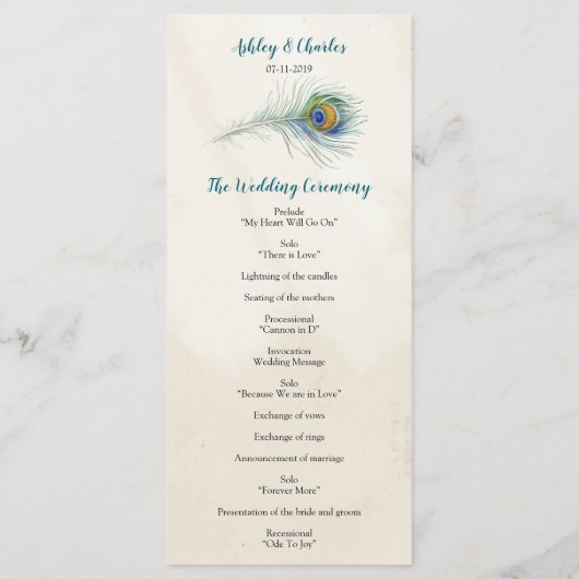 ボヘミアンピーコックフェザーティール（緑がかった色）結婚ズラックカード プログラム (裏面)