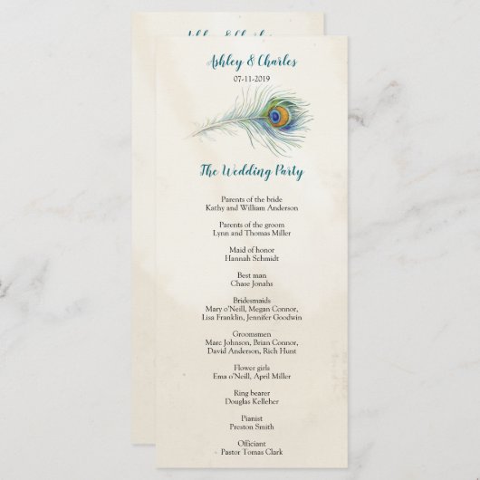 ボヘミアンピーコックフェザーティール（緑がかった色）結婚ズラックカード プログラム (正面/裏面)