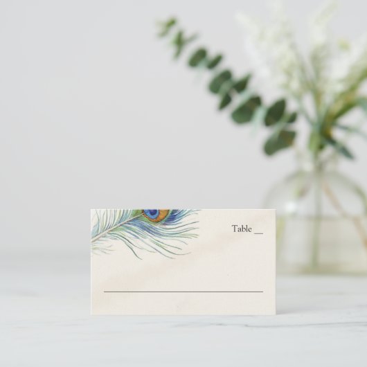 ボヘミアンピーコックフェザーヴィンテージ結婚ティール（緑がかった色） プレイスカード (スタンド正面)