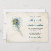 ボヘミアンピーコックフェザーヴィンテージ結婚ティール（緑がかった色） 招待状 (正面)