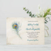 ボヘミアンピーコックフェザーヴィンテージ結婚ティール（緑がかった色） 招待状 (スタンド正面)