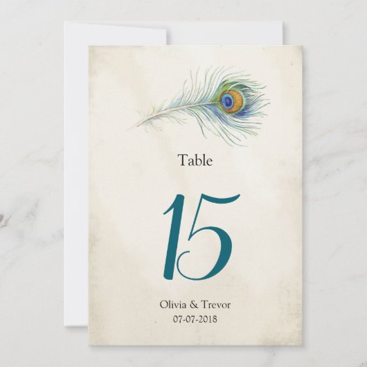 ボヘミアンピーコック結婚のテーブル番号 招待状 (正面)