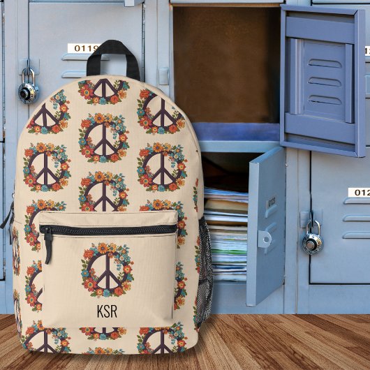 ボヘミアンピースアンドフラワーズモノグラム プリントバックパック
