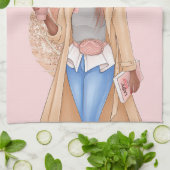 ボヘミアンフェイクグリッターガールタンヘアピンク キッチンタオル (折り畳み)