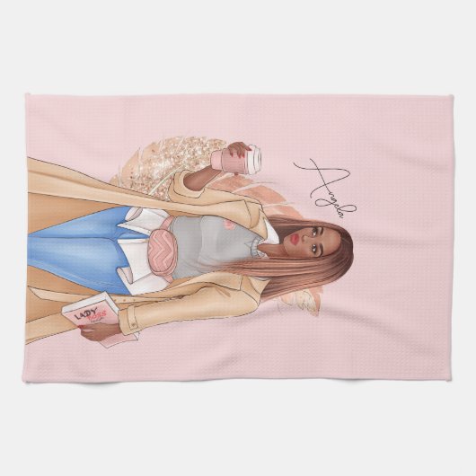 ボヘミアンフェイクグリッターガールタンヘアピンク キッチンタオル (横)