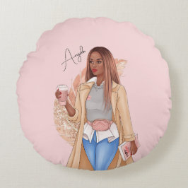 ボヘミアンフェイクグリッターガールタンヘアピンク ラウンドクッション